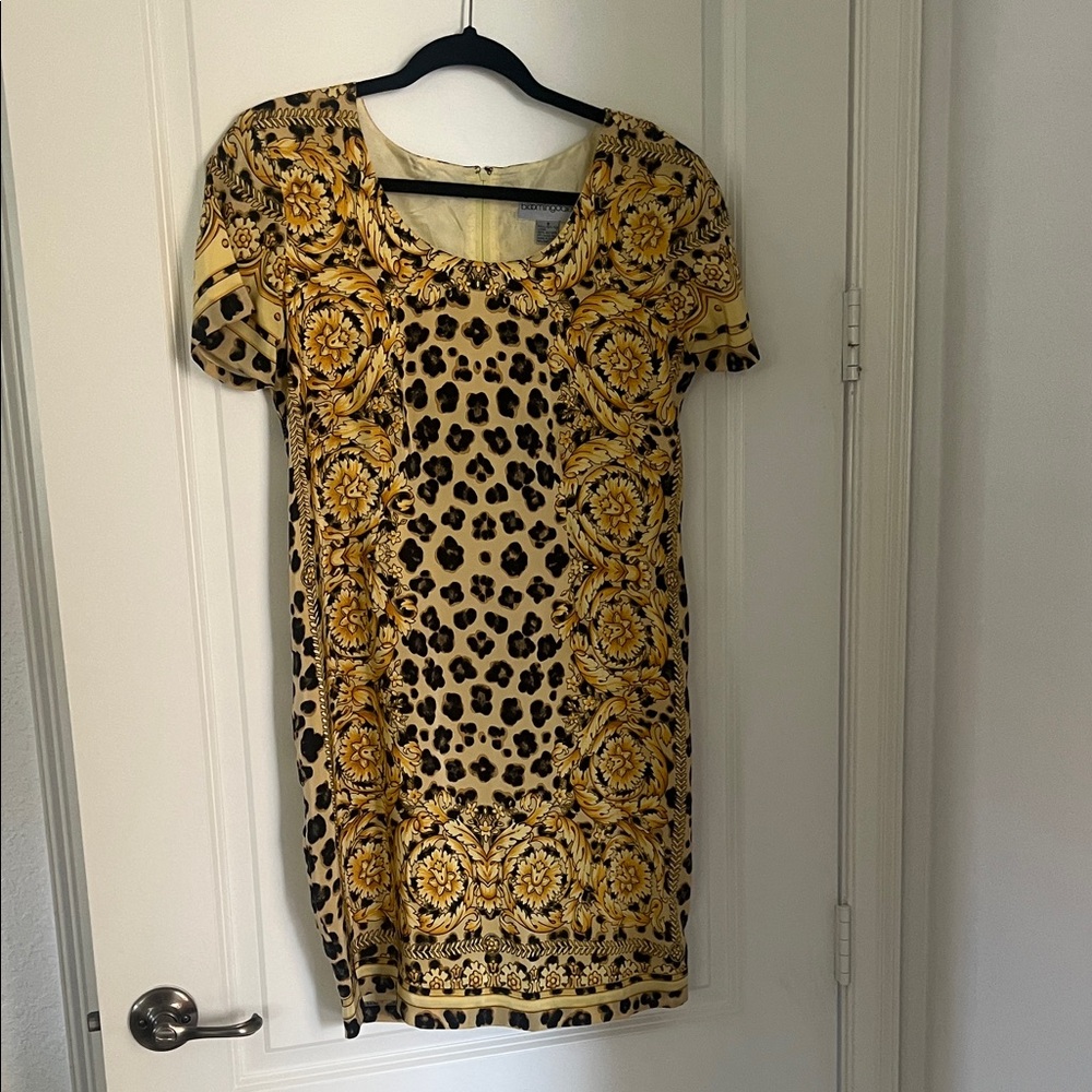 Bloomingdale's Yellow and Black Silk Rococco Print Dress sz 8